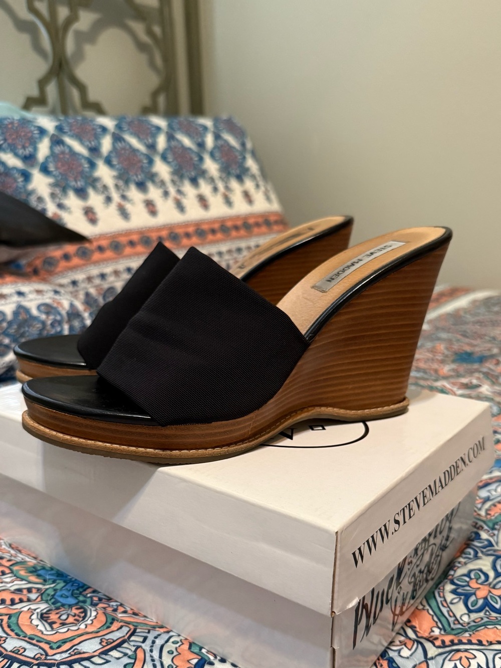 Steve Madden Black Wedge Slide Sandals with Wood-Look Heel